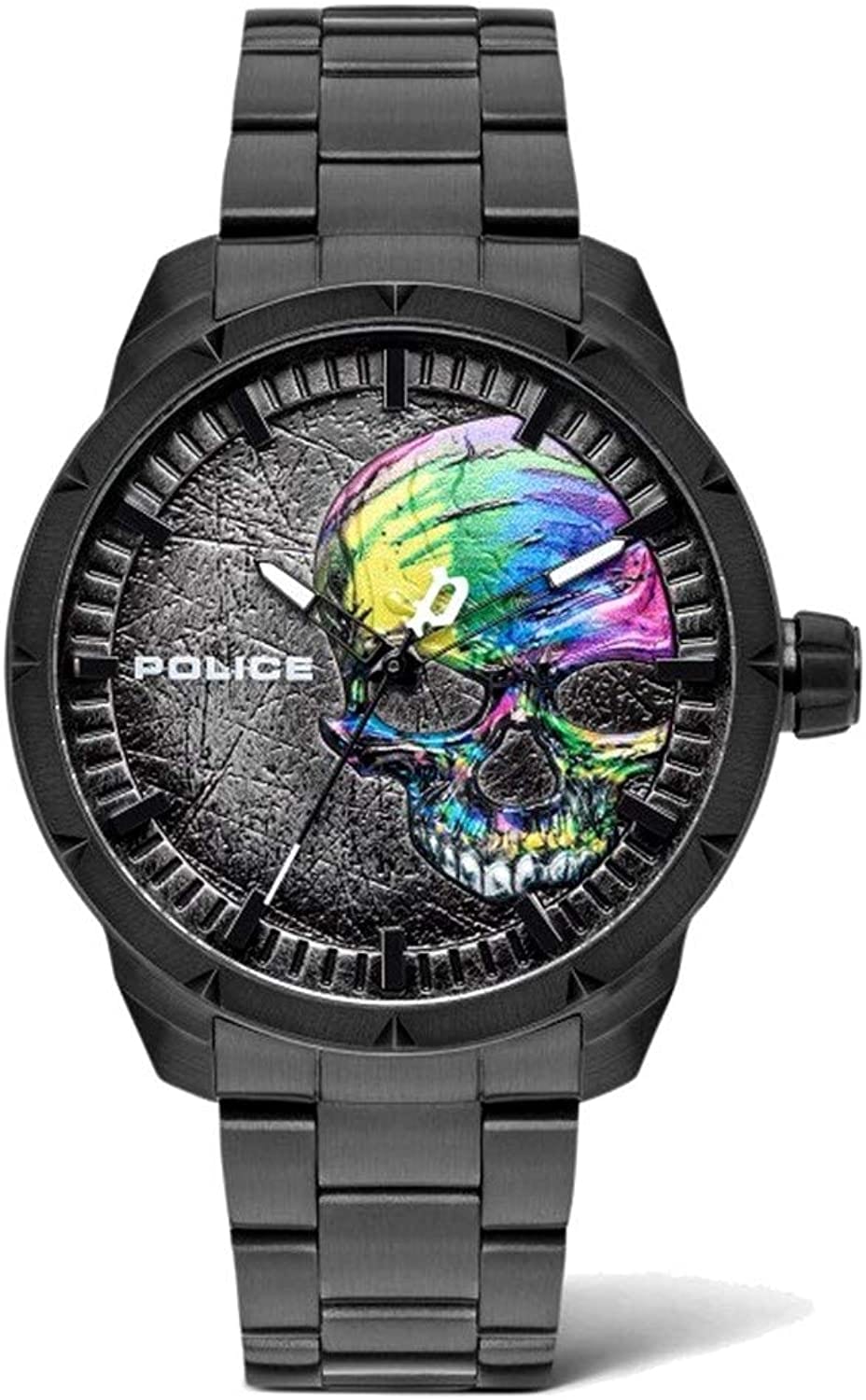 Police Herrenuhr mit plastischem Totenkopf auf dem Zifferblatt und Edelstahlarmband